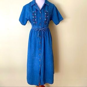 True Vintage 80s 90s Y2k Denim Embroidered Maxi Dress Alexandra Lee Size Medium